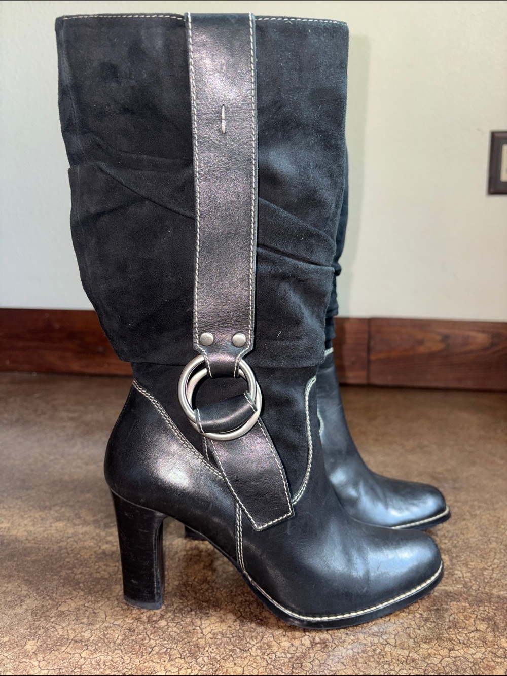 Nine West Black Mid-Calf Heeled Boots with Ring Strap